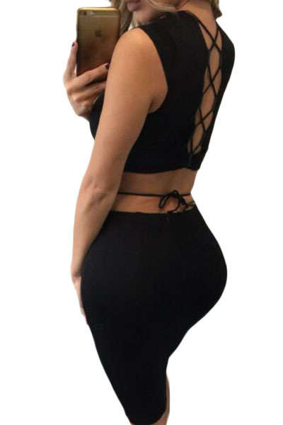 BLACK DARING SEXY LACE UP CUT OUT TWO PIECE CLUB DRESS - S/M/L