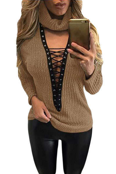 BEIGE TURTLENECK LACE UP GROMMET DETAIL V PLUNGE SWEATER - S/M/L