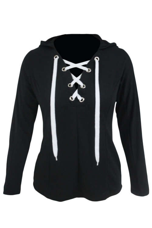 BLACK LOOSE FITTING LACE UP HOODIE - SMALL TO PLUS SIZE