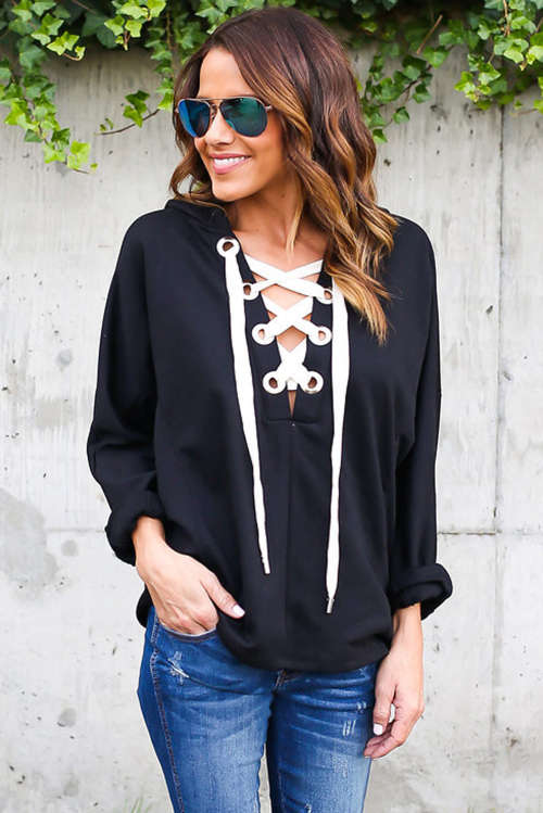 BLACK LOOSE FITTING LACE UP HOODIE - SMALL TO PLUS SIZE