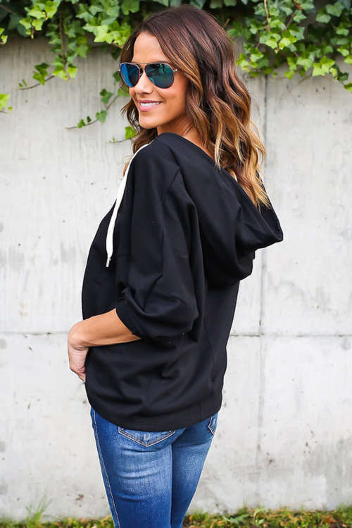 BLACK LOOSE FITTING LACE UP HOODIE - SMALL TO PLUS SIZE