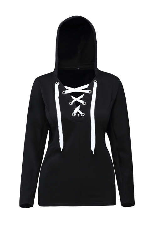 BLACK LOOSE FITTING LACE UP HOODIE - SMALL TO PLUS SIZE