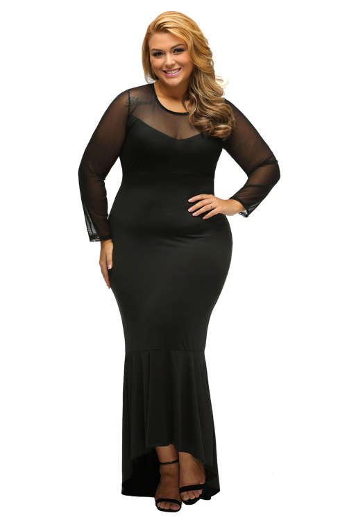 ***PLUS SIZE*** STYLISH BLACK SHEER MESH SPLICE MERMAID DRESS EVENING WEAR - XL/2XL/3XL