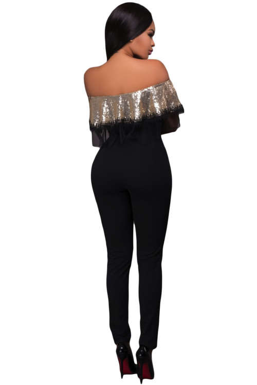 JUMPSUITS/JUMPSUIT/GOLD SEQUIN RUFFLE TOP JUMPSUIT/FORMAL EVENING JUMPSUIT