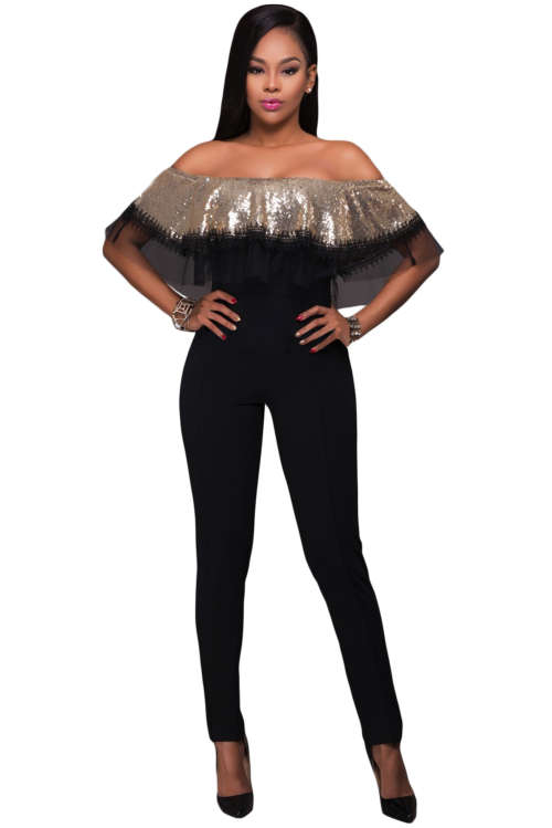 JUMPSUITS/JUMPSUIT/GOLD SEQUIN RUFFLE TOP JUMPSUIT/FORMAL EVENING JUMPSUIT