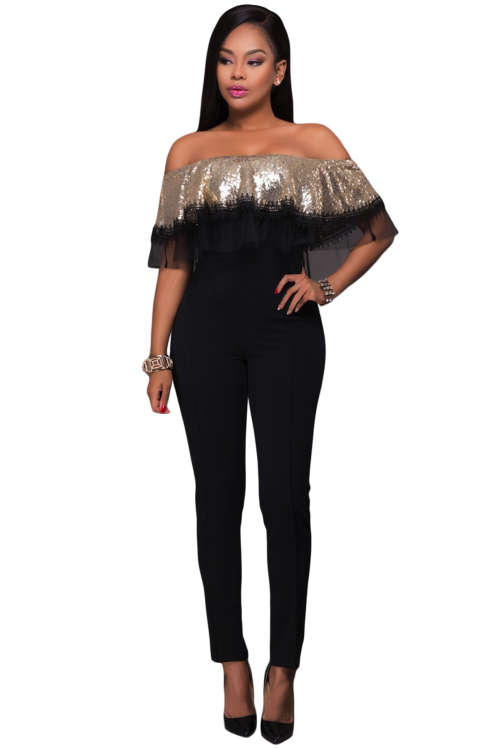 JUMPSUITS/JUMPSUIT/GOLD SEQUIN RUFFLE TOP JUMPSUIT/FORMAL EVENING JUMPSUIT