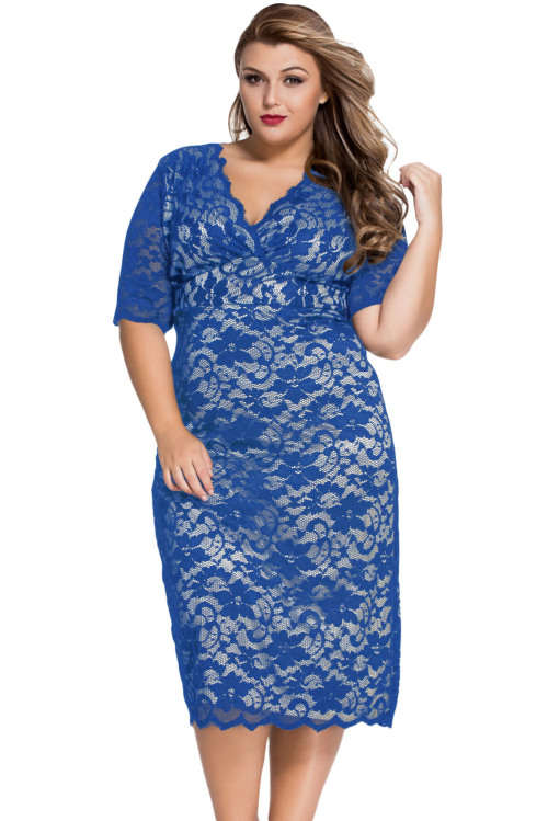 ***PLUS SIZE*** BLUE V-NECK HALF SLEEVE LACE MIDI DRESS - XL/2XL/3XL/4XL