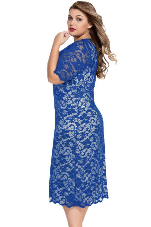 ***PLUS SIZE*** BLUE V-NECK HALF SLEEVE LACE MIDI DRESS - XL/2XL/3XL/4XL