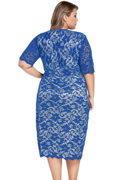***PLUS SIZE*** BLUE V-NECK HALF SLEEVE LACE MIDI DRESS - XL/2XL/3XL/4XL