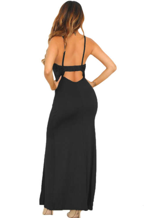 ***HOT SPECIAL*** BLACK SPAGHETTI STRAPS ELASTIC CUTOUT BACK EVENING MAXI DRESS - LARGE