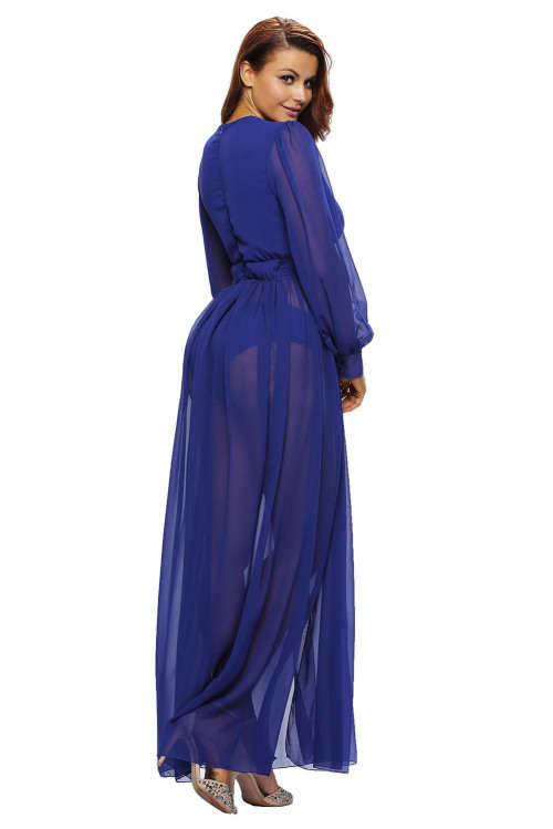 BLUE SHIMMERING LONG SLEEVE SLIT MAXI DRESS FORMAL COCKTAIL PARTY NIGHT CLUB EVENING WEAR - S/M/L