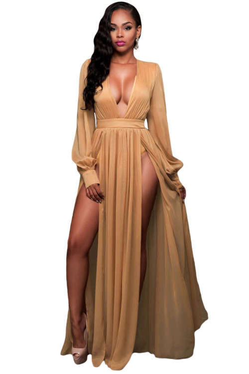 MOCHA SHIMMERING LONG SLEEVE SLIT MAXI DRESS FORMAL COCKTAIL PARTY NIGHT CLUB EVENING WEAR - S/M/L