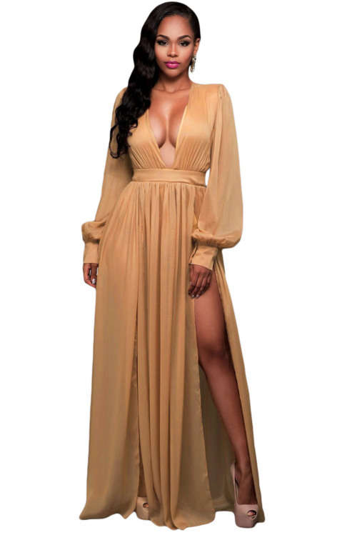 MOCHA SHIMMERING LONG SLEEVE SLIT MAXI DRESS FORMAL COCKTAIL PARTY NIGHT CLUB EVENING WEAR - S/M/L