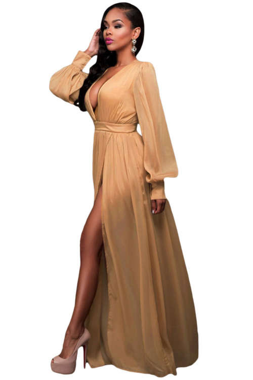 MOCHA SHIMMERING LONG SLEEVE SLIT MAXI DRESS FORMAL COCKTAIL PARTY NIGHT CLUB EVENING WEAR - S/M/L