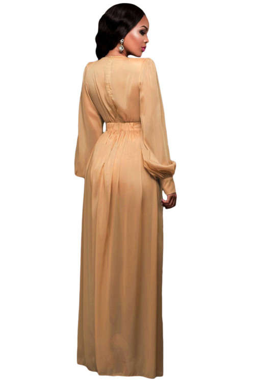 MOCHA SHIMMERING LONG SLEEVE SLIT MAXI DRESS FORMAL COCKTAIL PARTY NIGHT CLUB EVENING WEAR - S/M/L
