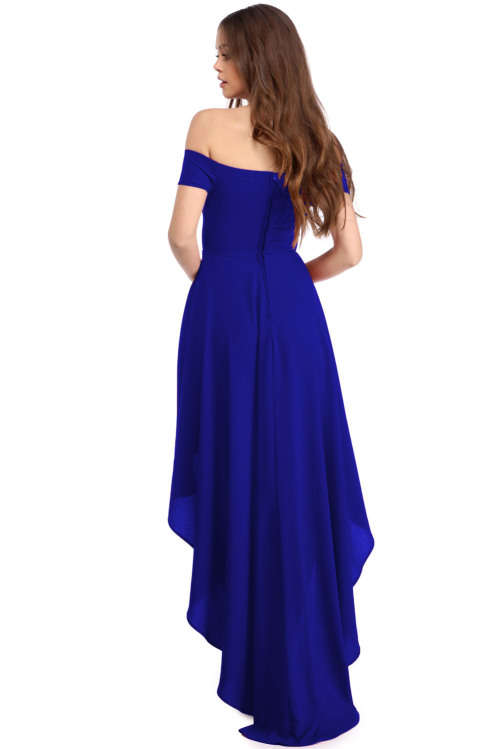 ELEGANT BLUE  HIGH LOW HEM OFF SHOULDER FORMAL EVENING PARTY DRESS - SMALL TO PLUS SIZE