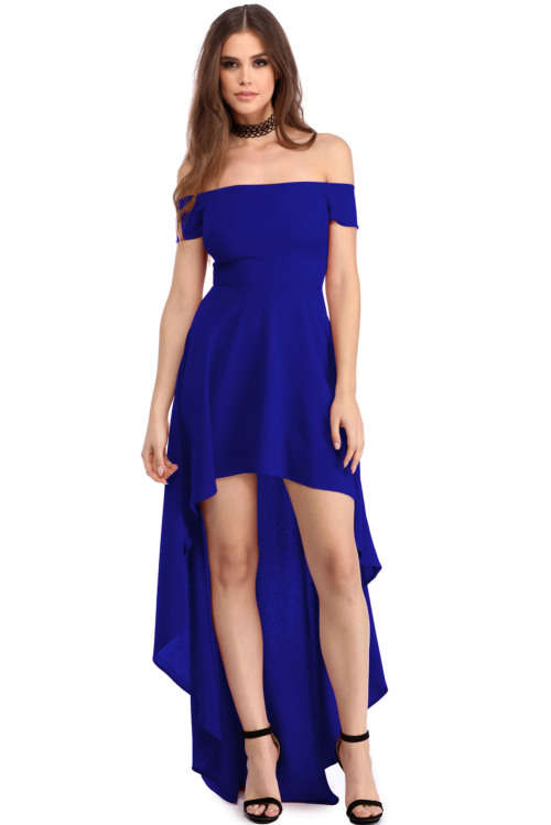 ELEGANT BLUE  HIGH LOW HEM OFF SHOULDER FORMAL EVENING PARTY DRESS - SMALL TO PLUS SIZE