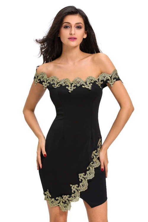 LACE APPLIQUE OFF SHOULDER MINI DRESS EVENING WEAR