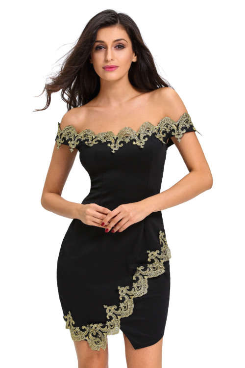 LACE APPLIQUE OFF SHOULDER MINI DRESS EVENING WEAR