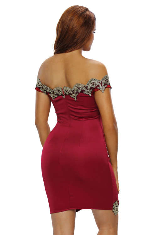 RED AND GOLD LACE APPLIQUE OFF SHOULDER MINI DRESS FORMAL EVENING WEAR - S/M/L/XL