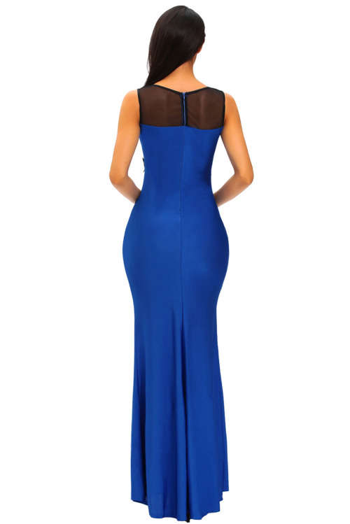 STUNNING BLUE LACE APPLIQUE MESH CUT-OUT EVENING GOWN