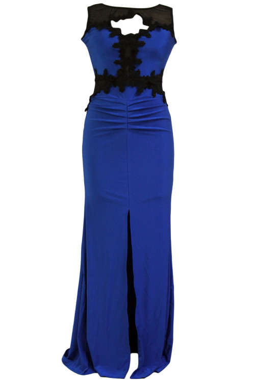 STUNNING BLUE LACE APPLIQUE MESH CUT-OUT EVENING GOWN