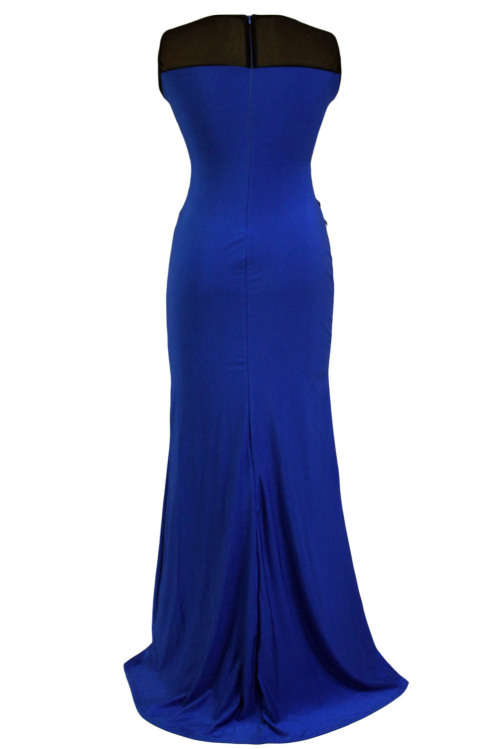 STUNNING BLUE LACE APPLIQUE MESH CUT-OUT EVENING GOWN