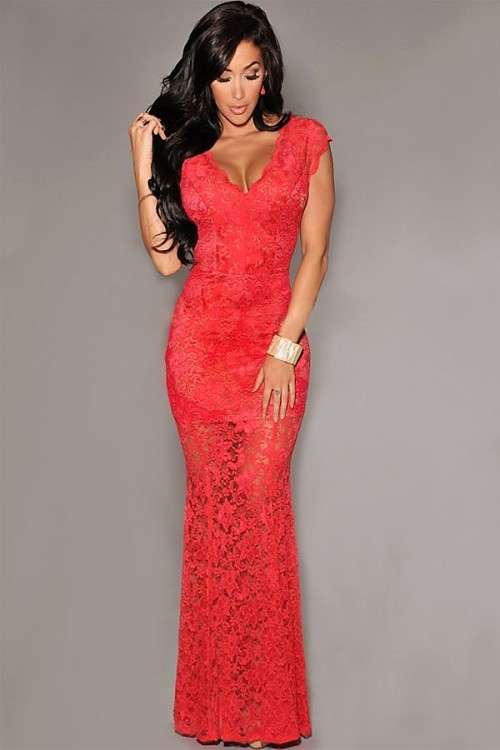 RED LACE NUDE ILLUSION LOW BACK EVENING DRESS - ONE SIZE