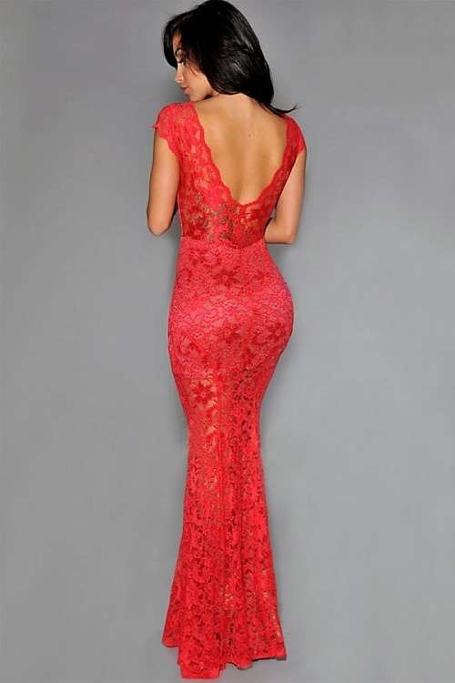RED LACE NUDE ILLUSION LOW BACK EVENING DRESS - ONE SIZE