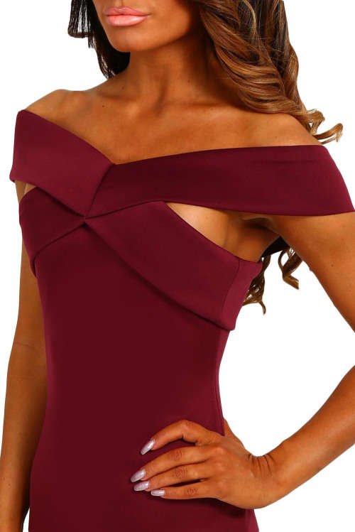 SEXY WINE OFF SHOULDER SLIM FIT FORMAL COCKTAIL PARTY EVENING WEAR MIDI DRESS - S/M/L