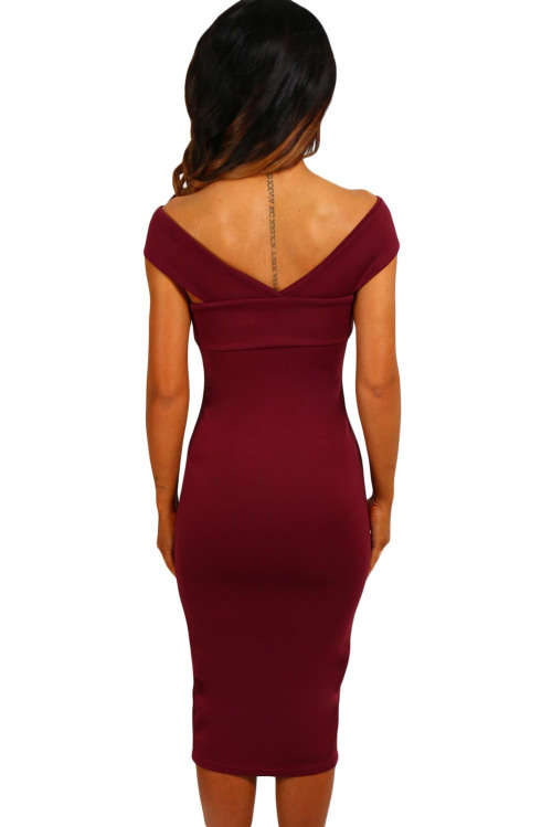 SEXY WINE OFF SHOULDER SLIM FIT FORMAL COCKTAIL PARTY EVENING WEAR MIDI DRESS - S/M/L