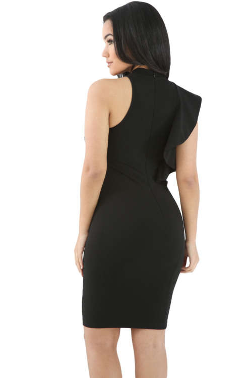 SEXY BLACK RUFFLE TRIM BODY HUGGING MINI DRESS - S/M/L