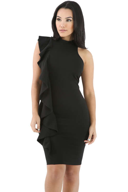 SEXY BLACK RUFFLE TRIM BODY HUGGING MINI DRESS - S/M/L