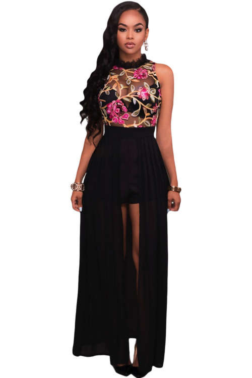 GORGEOUS BLACK SHEER MESH EMBROIDERY TOP CHIFFON ROMPER FORMAL EVENING WEAR MAXI DRESS - S/M/L