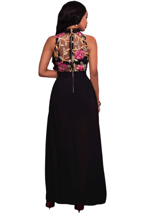 GORGEOUS BLACK SHEER MESH EMBROIDERY TOP CHIFFON ROMPER FORMAL EVENING WEAR MAXI DRESS - S/M/L