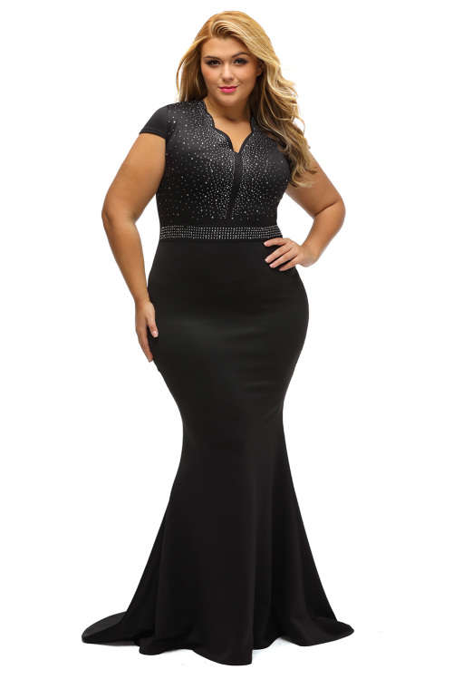 ***PLUS SIZE*** STYLISH RHINESTONE FRONT BODICE SCALLOPED NECKLINE BLACK EVENING DRESS - XL/2XL/3XL