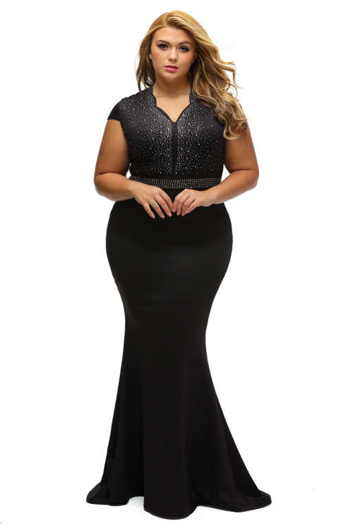 ***PLUS SIZE*** STYLISH RHINESTONE FRONT BODICE SCALLOPED NECKLINE BLACK EVENING DRESS - XL/2XL/3XL