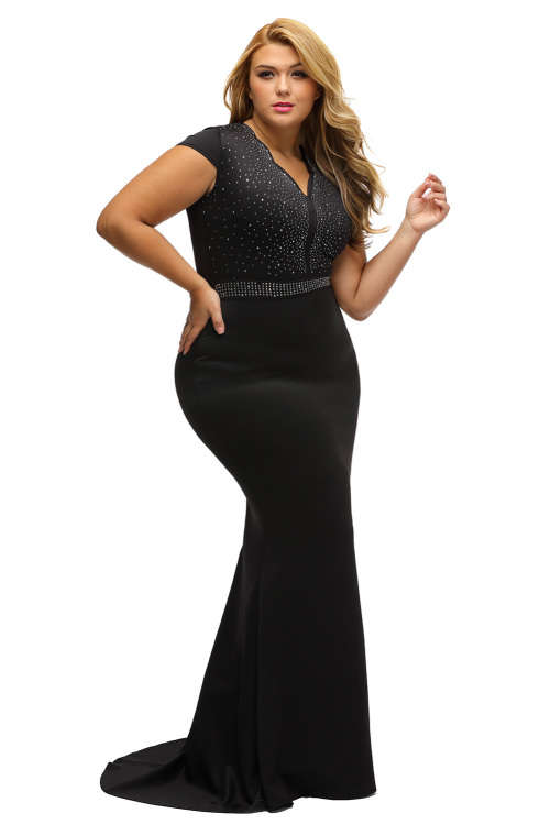 ***PLUS SIZE*** STYLISH RHINESTONE FRONT BODICE SCALLOPED NECKLINE BLACK EVENING DRESS - XL/2XL/3XL