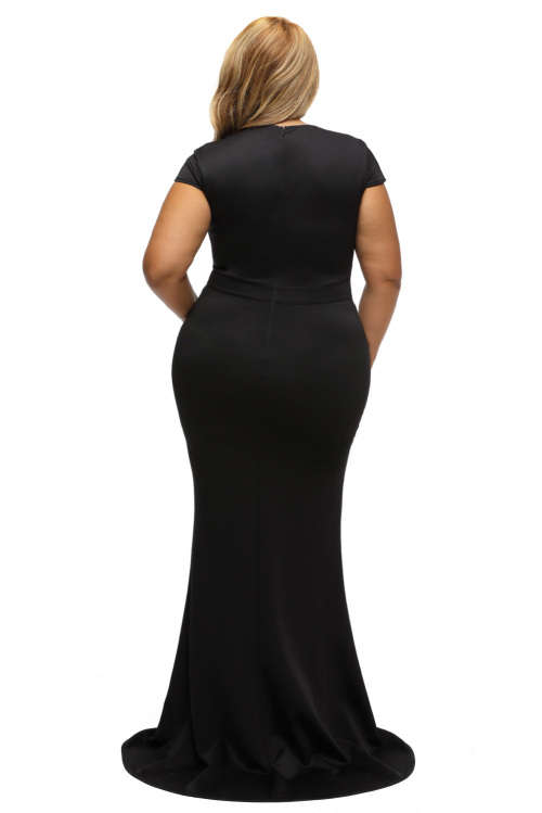 ***PLUS SIZE*** STYLISH RHINESTONE FRONT BODICE SCALLOPED NECKLINE BLACK EVENING DRESS - XL/2XL/3XL