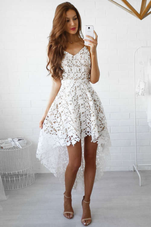 SEXY WHITE HOLLOW LACE NUDE ILLUSION HI-LOW PARTY DRESS - S/M/L/XL
