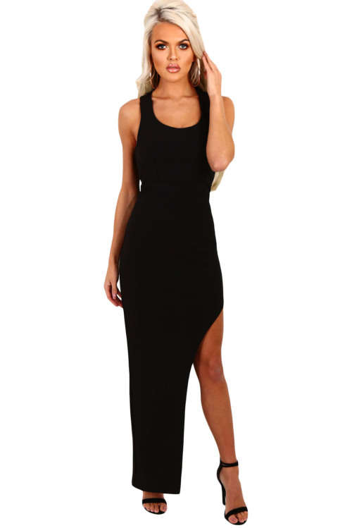 ELEGANT BLACK STRAPPY SIDE SPLIT FORMAL EVENING COCKTAIL PARTY MAXI DRESS - S/M/L