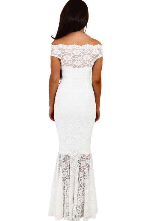ELEGANT WHITE BARDOT LACE FISHTAIL FORMAL EVENING MAXI DRESS - S/M/L/XL