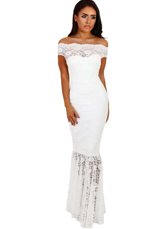 ELEGANT WHITE BARDOT LACE FISHTAIL FORMAL EVENING MAXI DRESS - S/M/L/XL