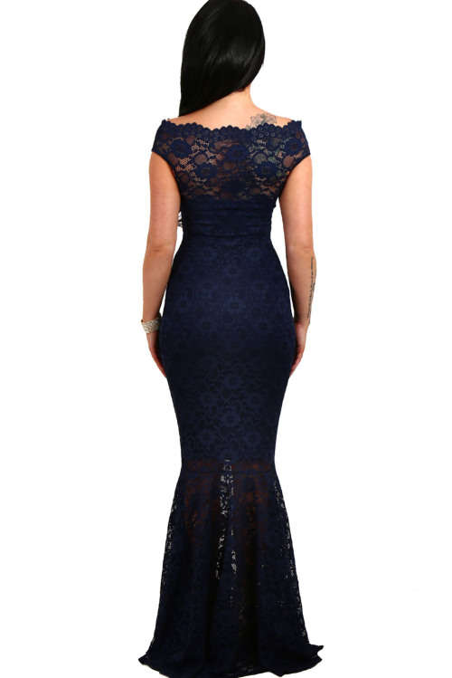 ELEGANT NAVY BLUE BARDOT LACE FISHTAIL FORMAL EVENING MAXI DRESS - S/M/L/XL
