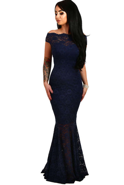 ELEGANT NAVY BLUE BARDOT LACE FISHTAIL FORMAL EVENING MAXI DRESS - S/M/L/XL