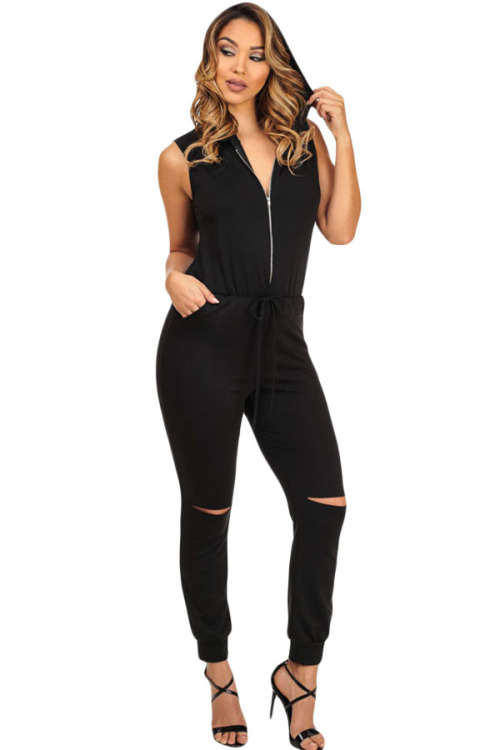 STYLISH BLACK HOODED WITH KNEE CUT AWAY DETAIL JUMPSUIT - LARGE
