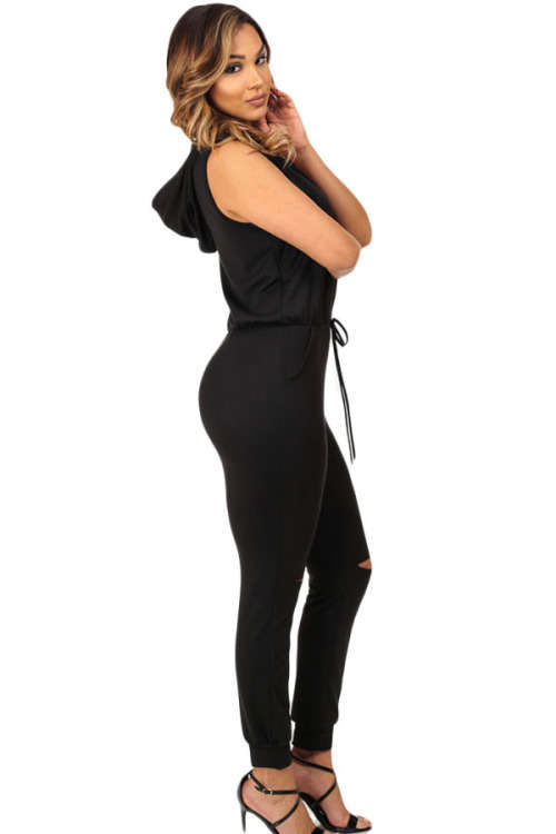 STYLISH BLACK HOODED WITH KNEE CUT AWAY DETAIL JUMPSUIT - LARGE