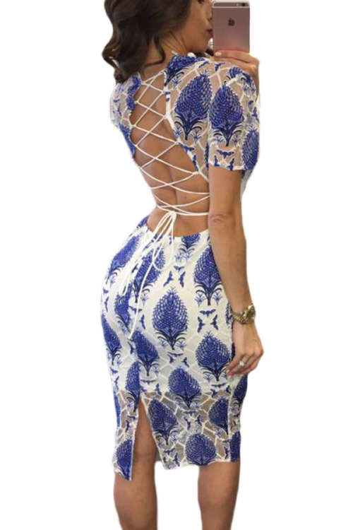 SEXY BLUE EMBROIDERY ILLUSION LACE UP BACK MIDI DRESS - S/M/L