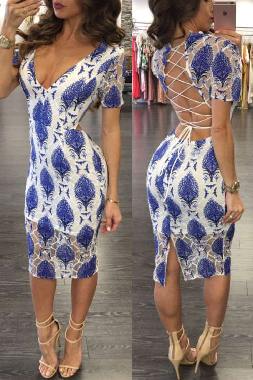 SEXY BLUE EMBROIDERY ILLUSION LACE UP BACK MIDI DRESS - S/M/L
