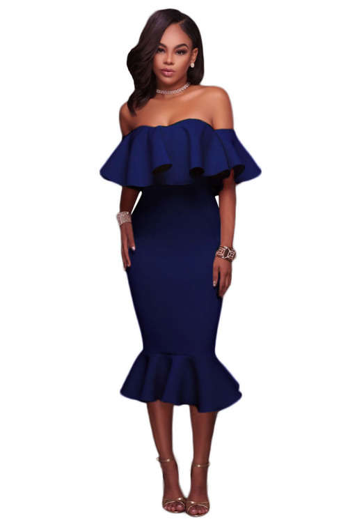 BLUE RUFFLE OFF SHOULDER MERMAID MIDI PARTY DRESS - S/M/L/XL